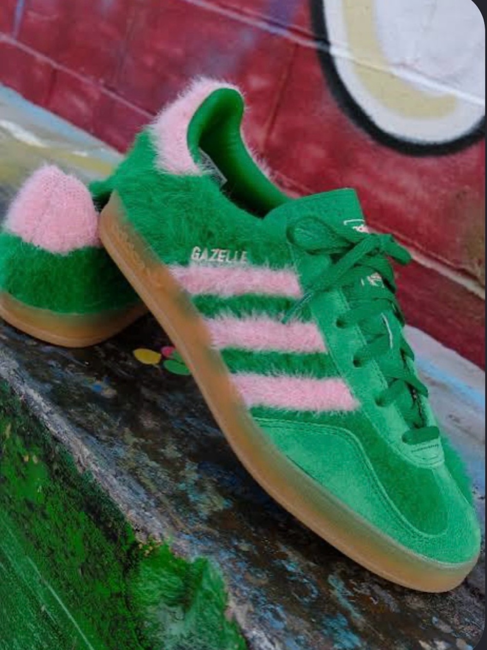 adidas Gazelle Green with Pink Fuzzy Stripes